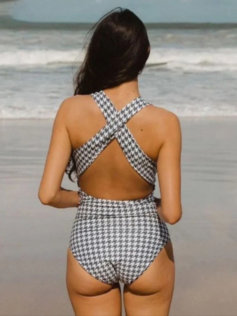 Albion Shell Shock Black Houndstooth Printed Criss Cross One Piece Swimsuit